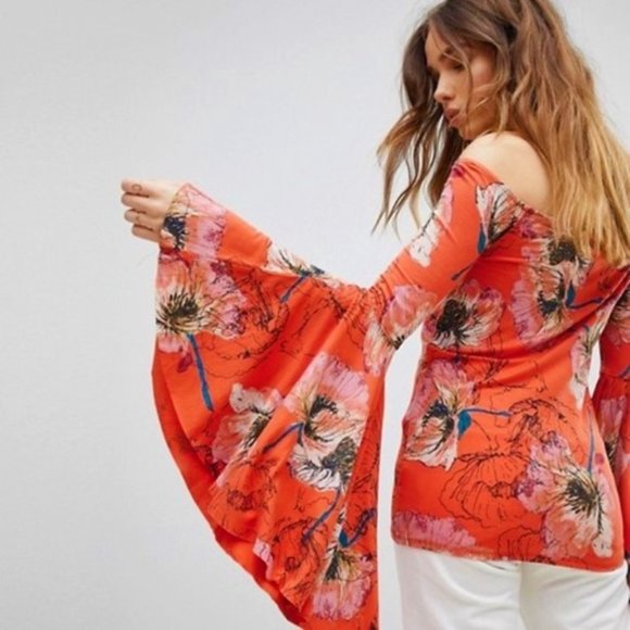 Free People Birds of Paradise Floral Off-Shoulder Flare Sleeve Top Small NWT - Picture 3 of 14